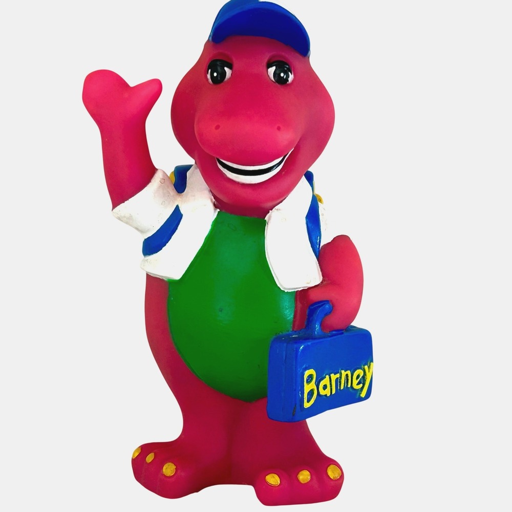 Vintage 7" Barney the Dinosaur Vinyl Coin Bank School Backpack Lunchbox 1990s